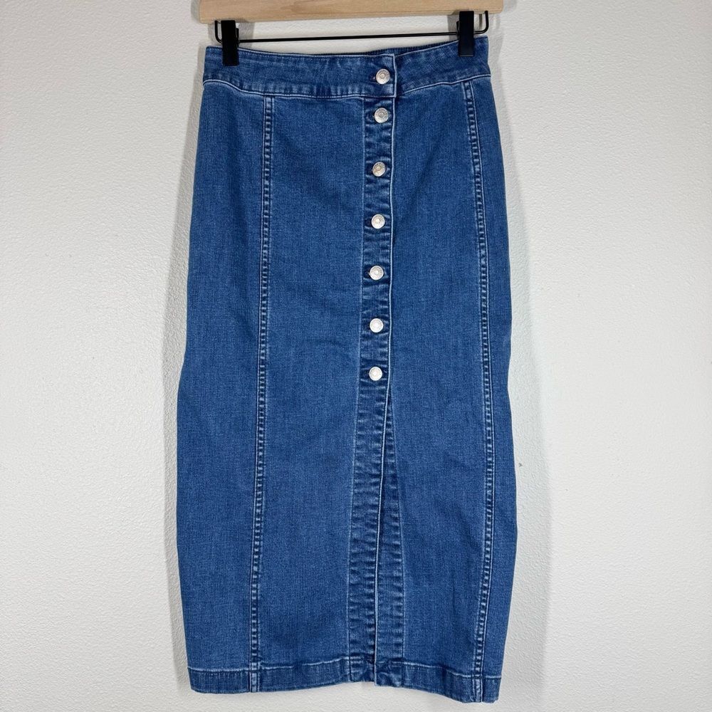 Madewell Stretch Denim Side Button Midi Skirt Classic Preppy Women’s Size 25